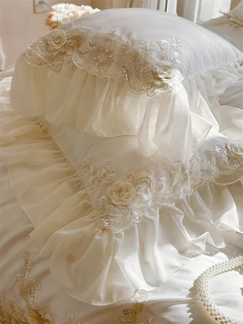 Luxury Lace Ruffle Wedding Bedding Set by Afralia™