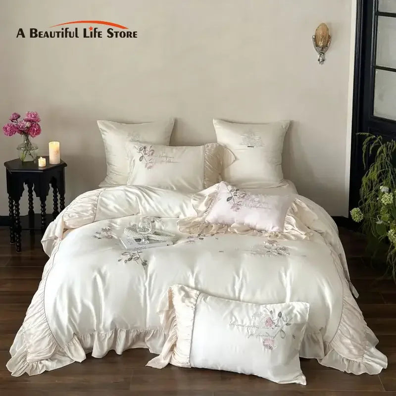 Afralia™ Embroidered Lace Princess Bedding Set - 4 Piece Cotton Flowers Collection
