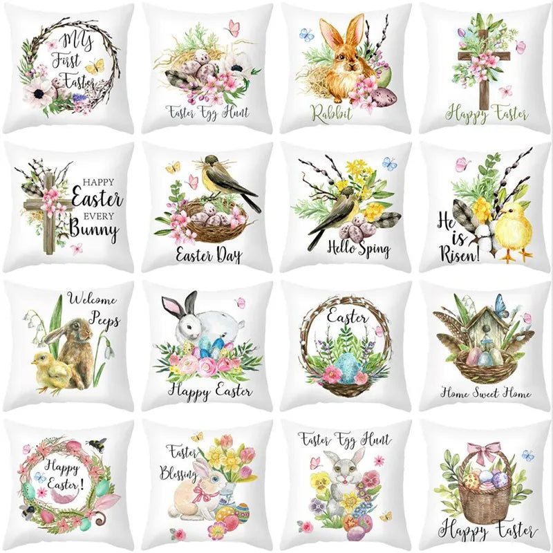 Afralia™ Easter Egg Bunny Flower Birds Sofa Pillow Cover