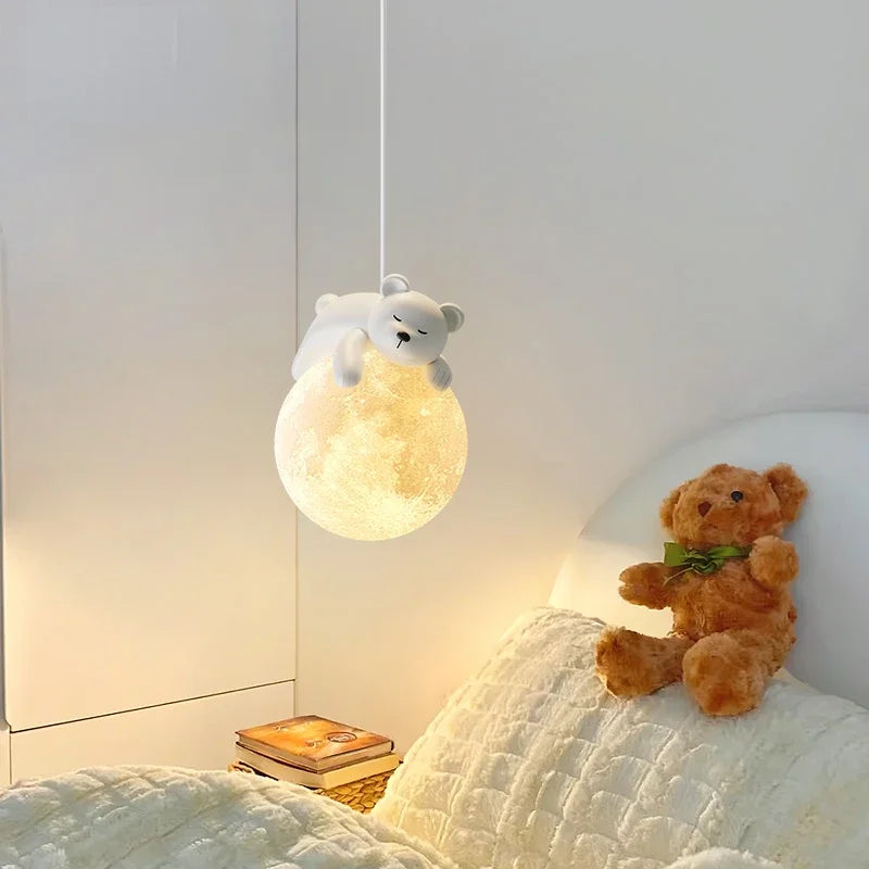 Afralia™ Kids Room LED Chandeliers White Bear Bunny Pendant Light Glass Bedside Lamp