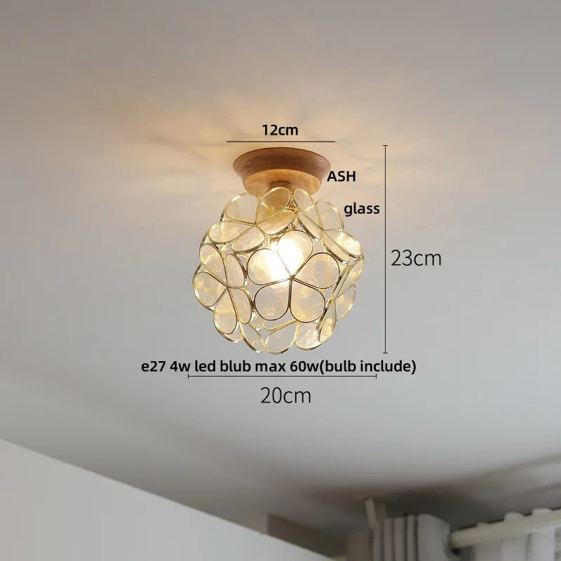 Afralia™ Tiffany Glass Copper Ceiling Lights Wood Ash LED Lamp Japan Style