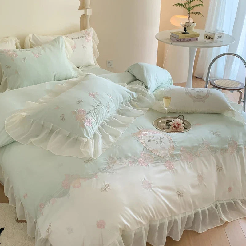 Afralia™ 4Pcs Flowers Embroidery Princess Queen Bedding Set with Lace Ruffles