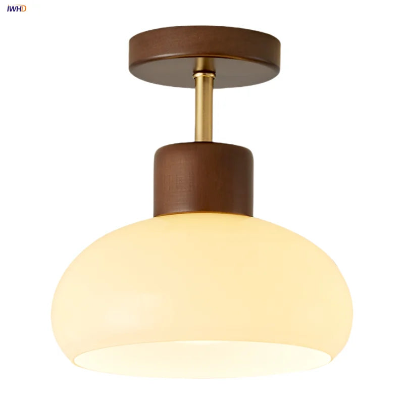 Afralia™ Pale Yellow Glass Wood LED Ceiling Lights Flush Mounted Round Nordic Modern