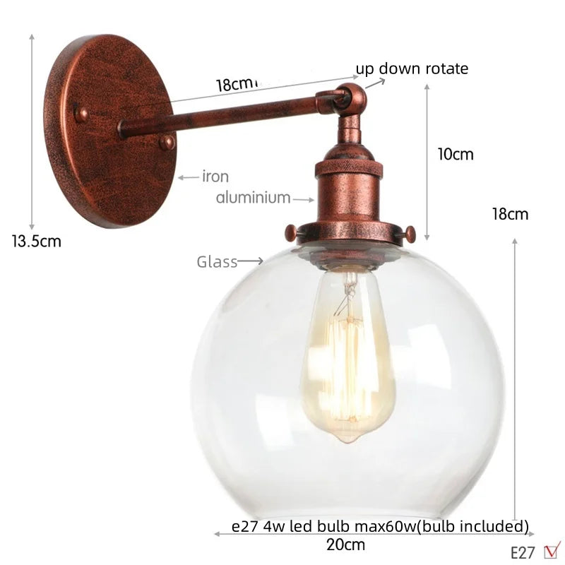 Afralia™ Vintage Glass LED Wall Sconce Iron Pull Chain Switch Light