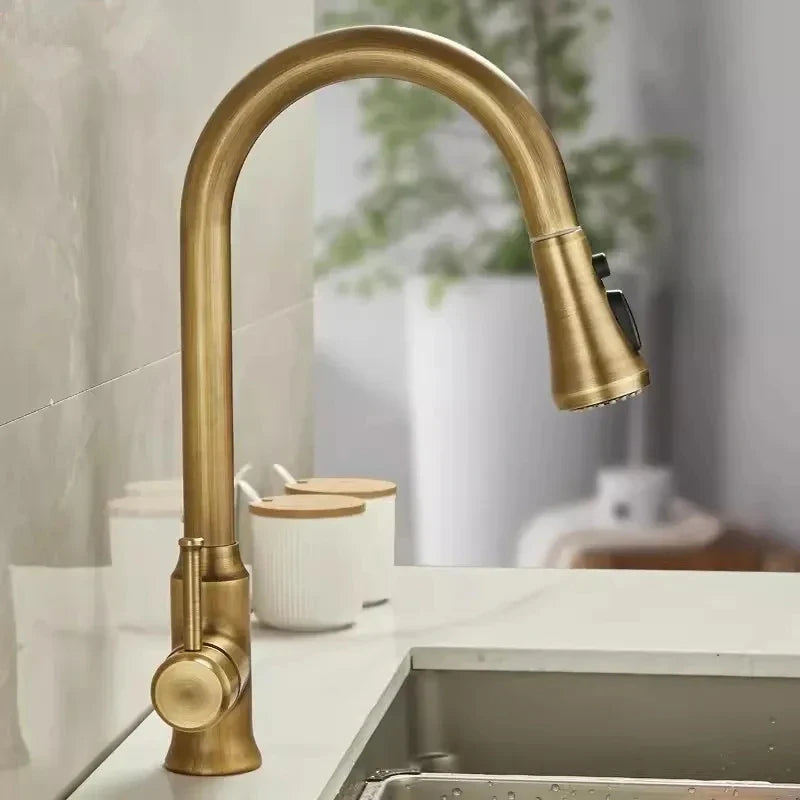 Afralia™ Antique Brass Kitchen Faucet 360° Rotation Sink Mixer Tap - Tuqiu Design