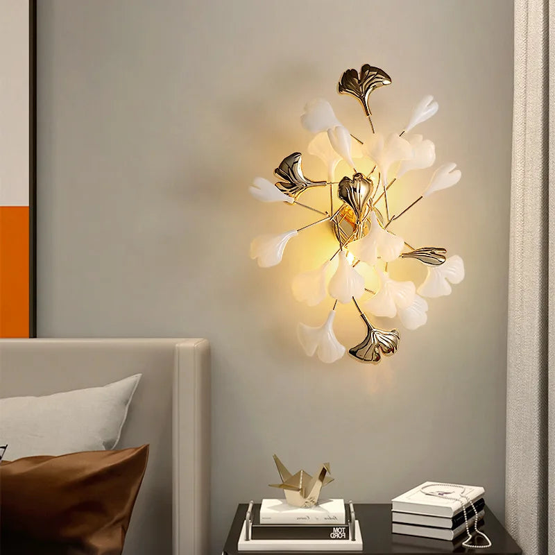 Afralia™ Leaf Ceramic LED Wall Sconce, Romantic Bedroom Lamp, Gold Metal Art Decor