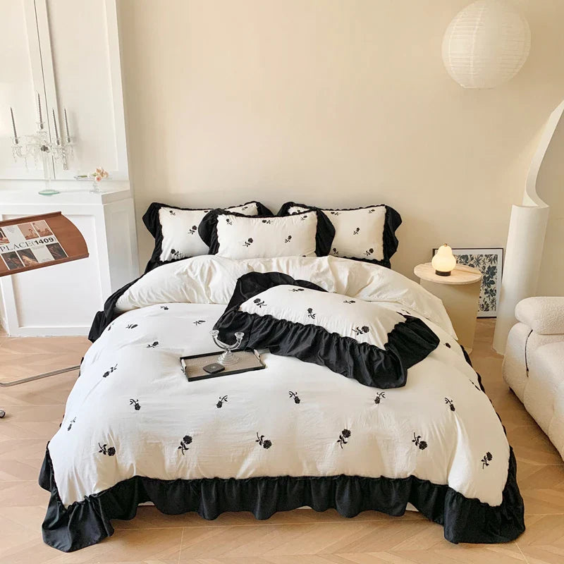 Afralia™ Rose Flowers Ruffle Lace Bedding Set, Washed Cotton Duvet Cover, Skin Friendly
