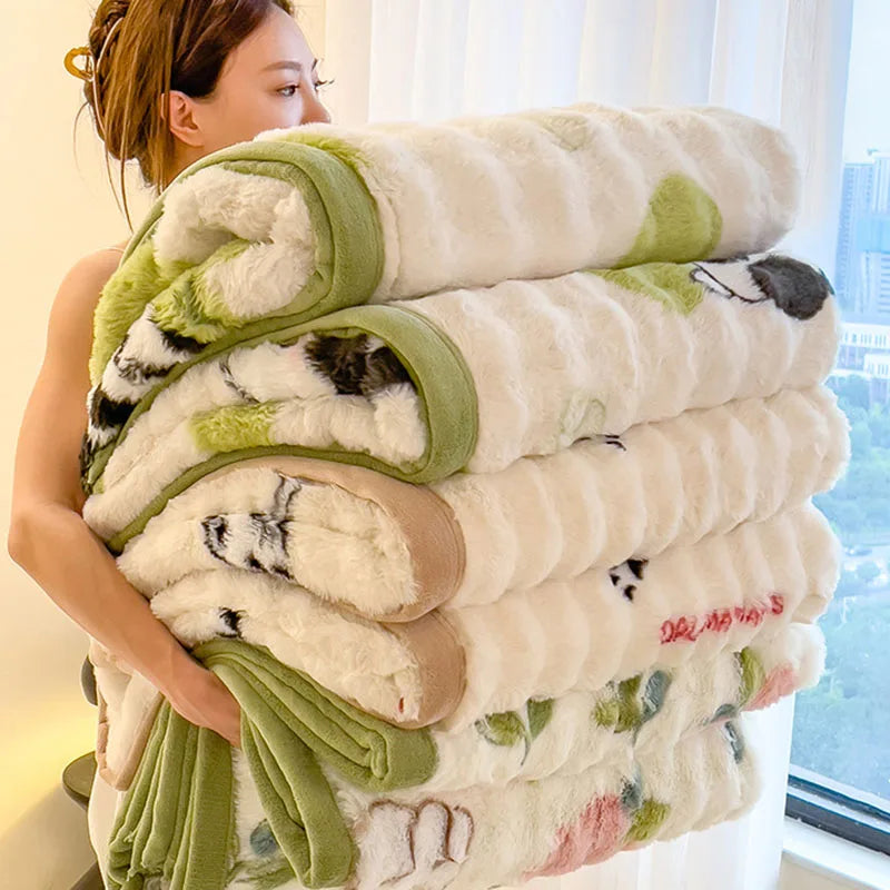 Afralia™ Cartoon Printed Faux Rabbit Plush Thick Blanket for Office Nap and Sofa Warmth