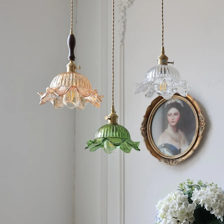Afralia™ Vintage Green Glass Flower Knob Switch LED Pendant Lights, Copper Hanging Lamp