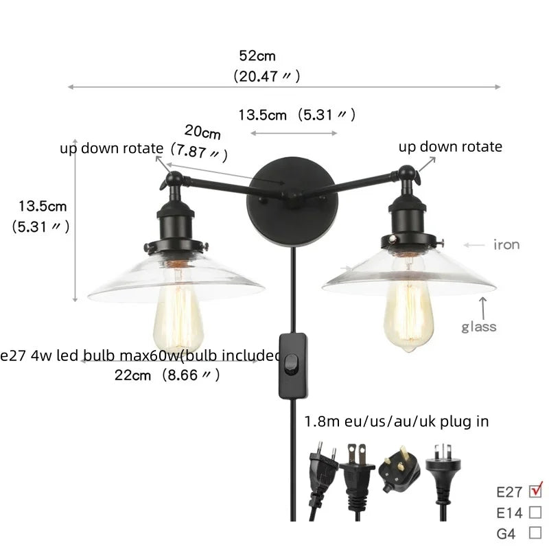 Afralia™ Industrial LED Wall Light Fixture with Glass Pull Chain Switch - 2 Heads