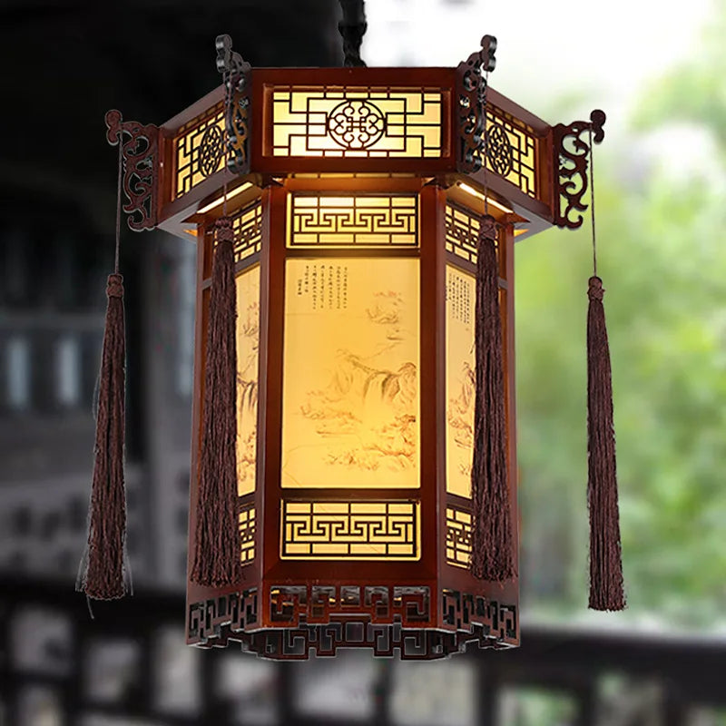 Afralia™ Solid Wood Palace Lantern with Eight Immortals Painting, Bird-and-Flower Art