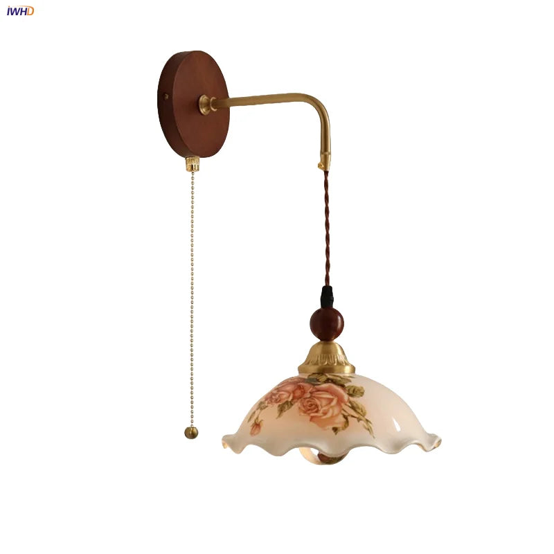 Afralia™ Nordic LED Wall Sconce Flower Ceramic Copper Wood Bedroom Reading Light