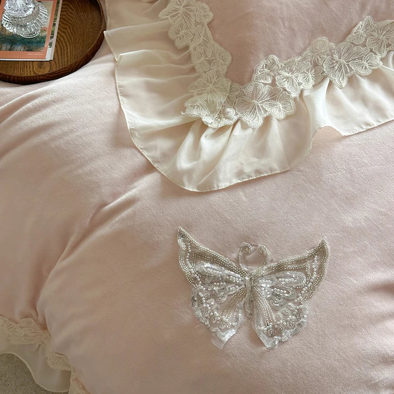 Afralia™ Velvet Fleece Bedding Set with Butterfly Embroidery and French Hollow Lace