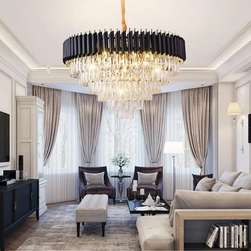 Afralia™ Gold Black Crystal Chandeliers LED Ceiling Light for Luxe Living & Hospitality