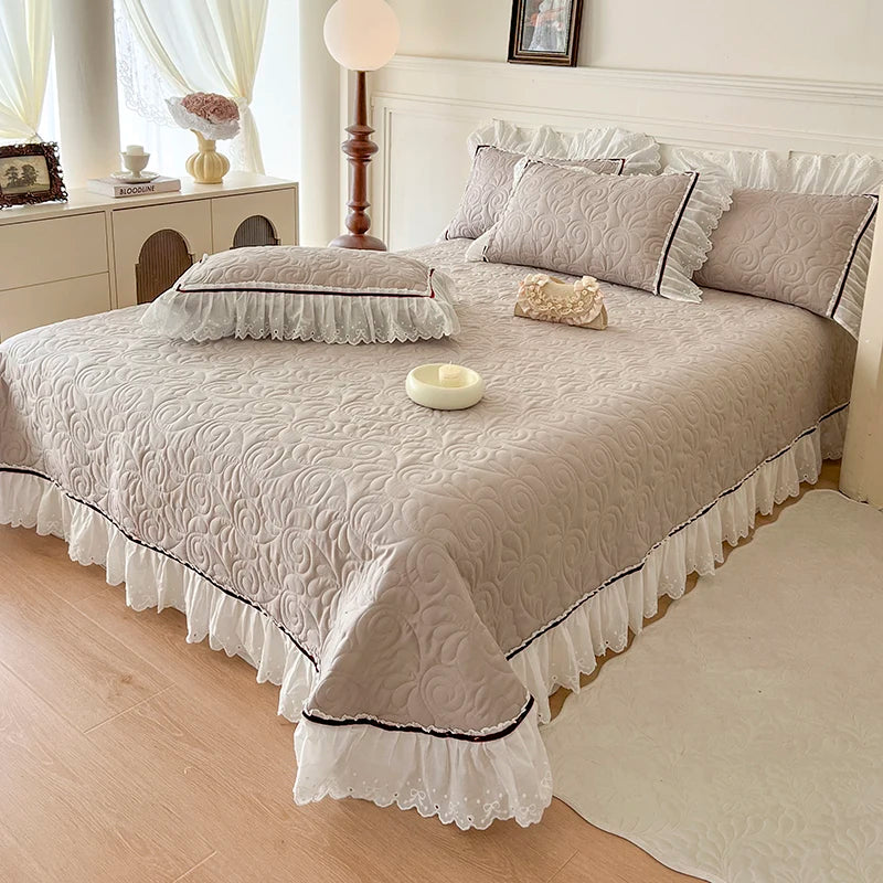 Afralia™ Princess Style Cotton Quilted Bedspread Set with Lace Edge & Pillowcase