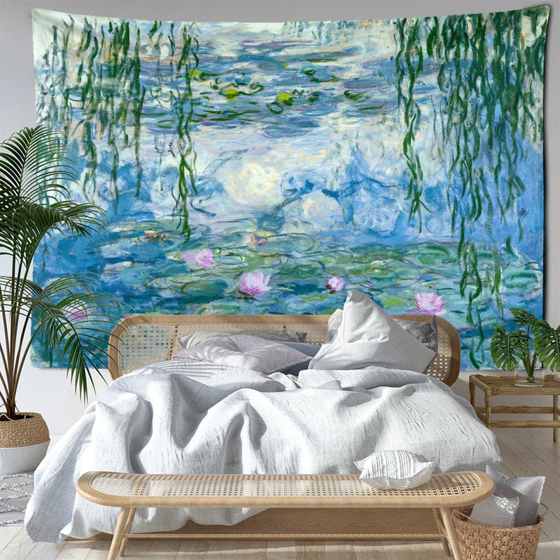 Water Lily Oil Painting Tapestry Wall Hanging by Afralia™ - Bohemian Abstract Art for Home Decor