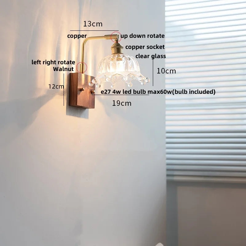 Afralia™ Walnut Glass LED Wall Light: Modern Brass Rotatable Bedside Lamp