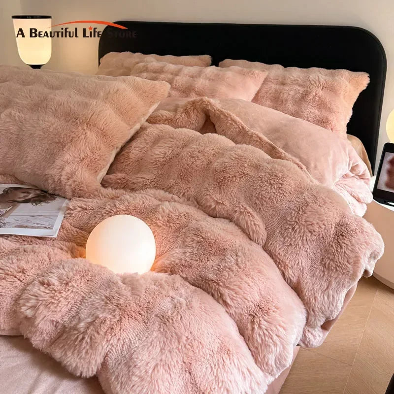 Afralia™ Faux Rabbit Fur Bedding Set, Velvet Plush, Soft & Luxurious 4Pcs