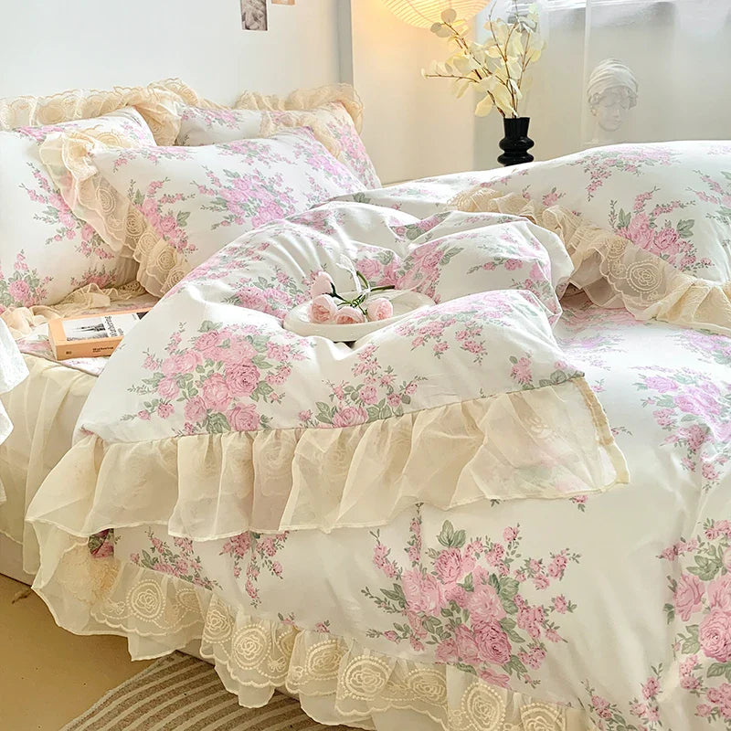 Afralia™ Vintage Rose Floral Double Layer Lace Ruffles 100% Cotton Bedding Set