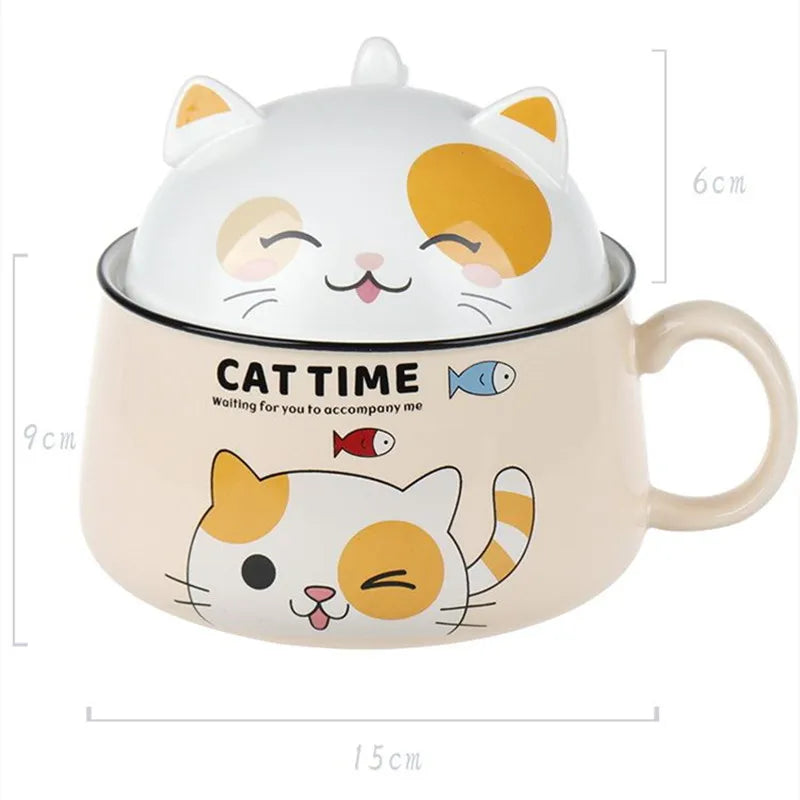 Afralia™ Ceramic Cat Mug with Spoon, Lid | Large Capacity Ramen Bowl Tiger Pig