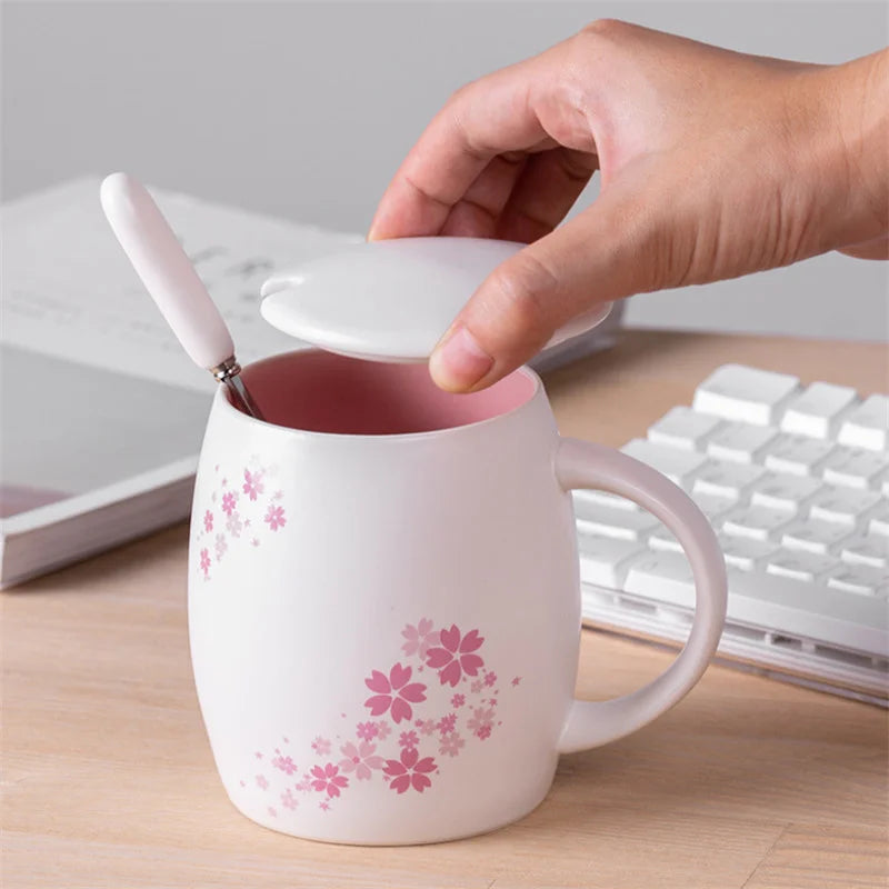 Afralia™ Cherry Blossom Ceramic Coffee Mug with Lid and Spoon