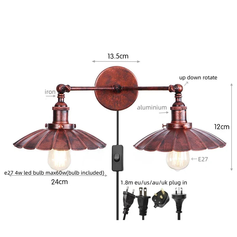 Afralia™ Industrial Retro LED Wall Lamp with Two Heads and Pull Chain Switch
