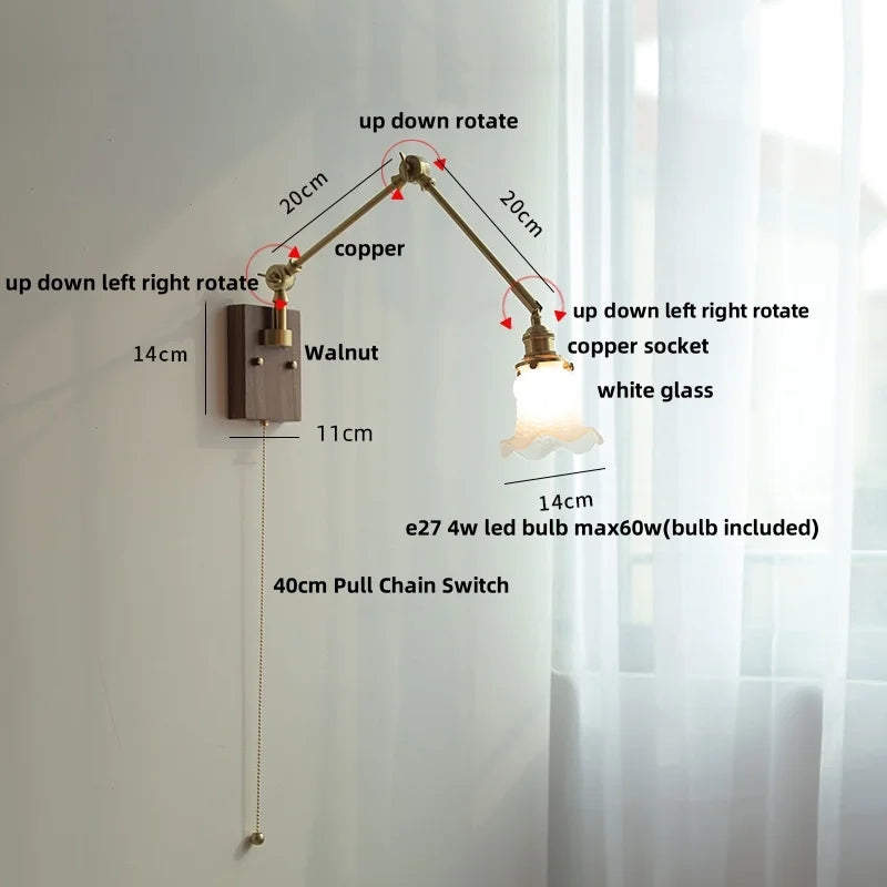 Afralia™ Yellow Glass LED Wall Sconce Walnut Wood Bedside Lamp