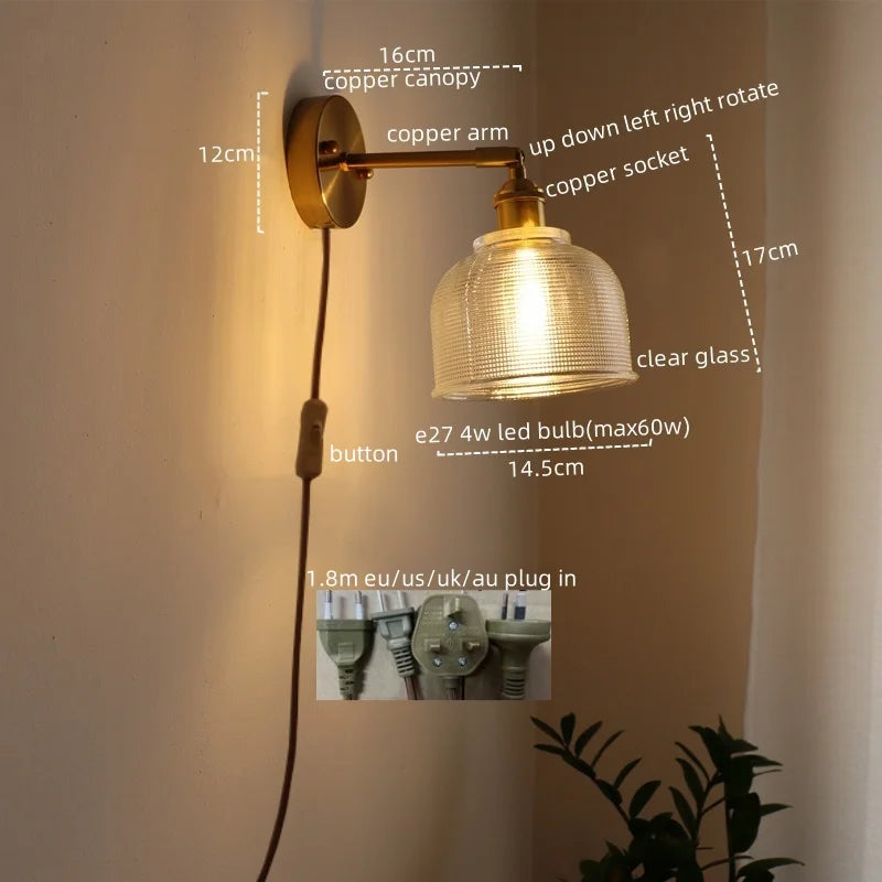 Afralia™ Glass Sconce LED Wall Lamp, Copper Nordic Bedroom Light Fixtures
