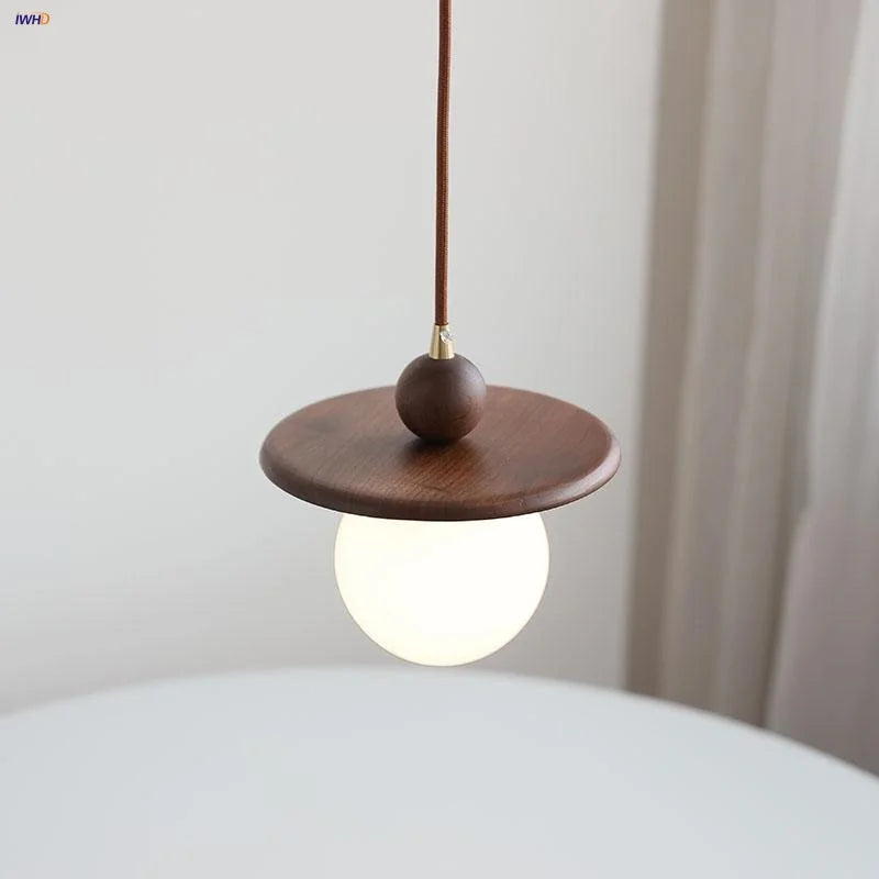 Afralia™ Glass LED Pendant Lamp Walnut Wood Brass Hanging Lights