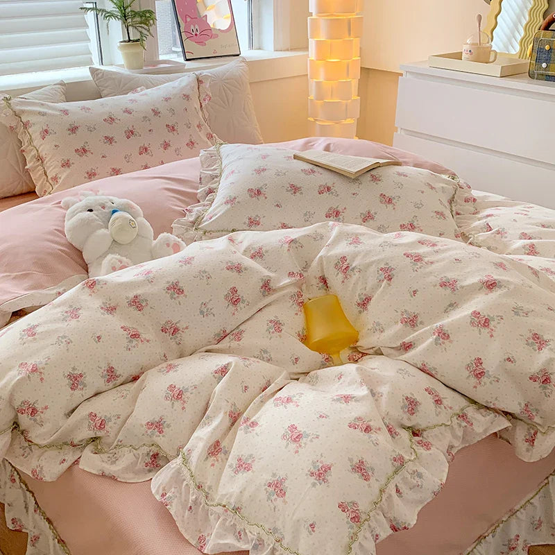 Afralia™ Floral Lace Ruffles Girl Bedding Set with Quilt/Duvet Cover, Sheet & Pillowcases