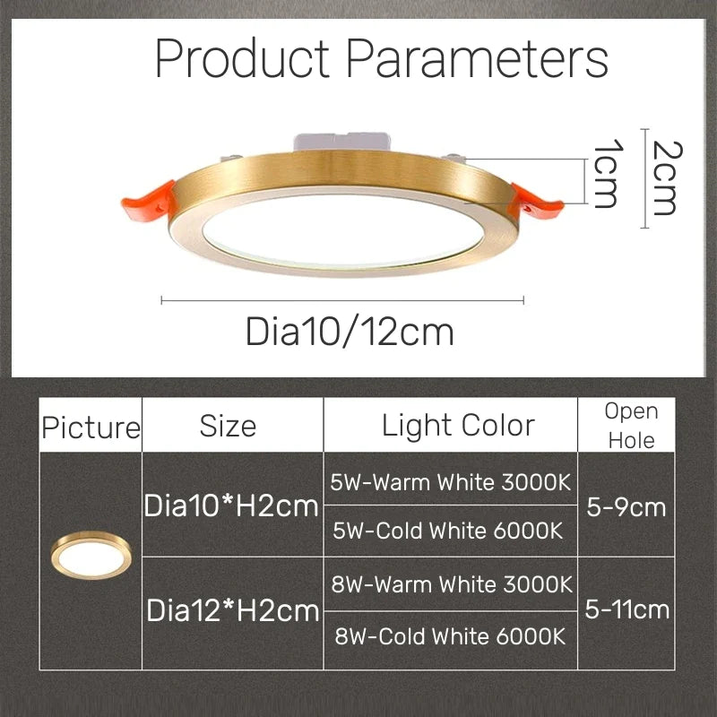 Afralia™ Nordic LED Copper Ceiling Downlight 5W/8W Spot Lighting for Kitchen Bedroom Aisle