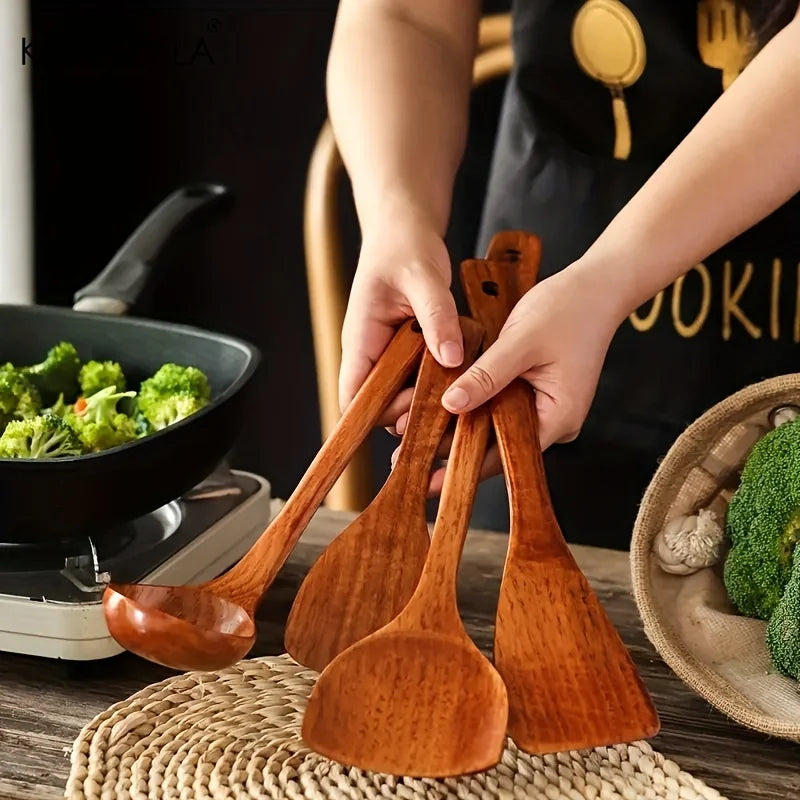 Afralia™ 4-Piece Wooden Kitchen Utensil Set | Nonstick Cooking Tools