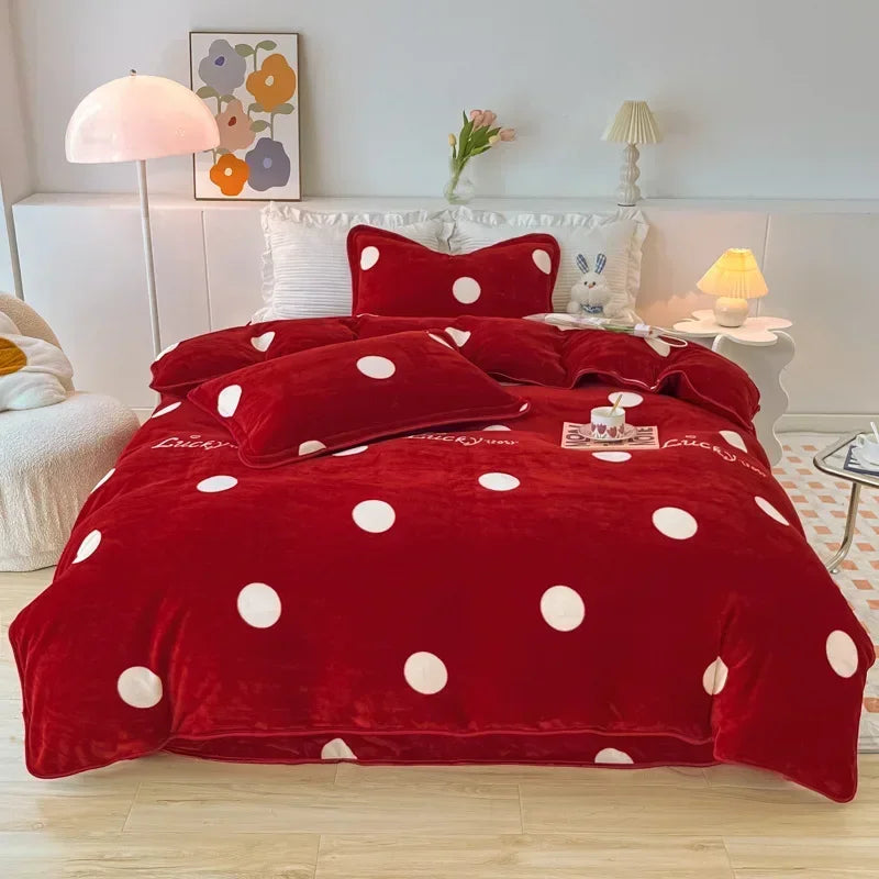 Afralia™ Polka Dot Milk Velvet Queen Bedding Set with Sheets & Pillowcases