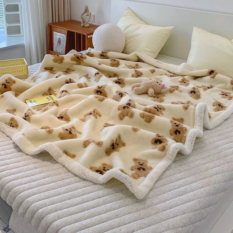 Afralia™ Little Bear Lamb Plush Blanket, Double Layered Warm Fleece Cover
