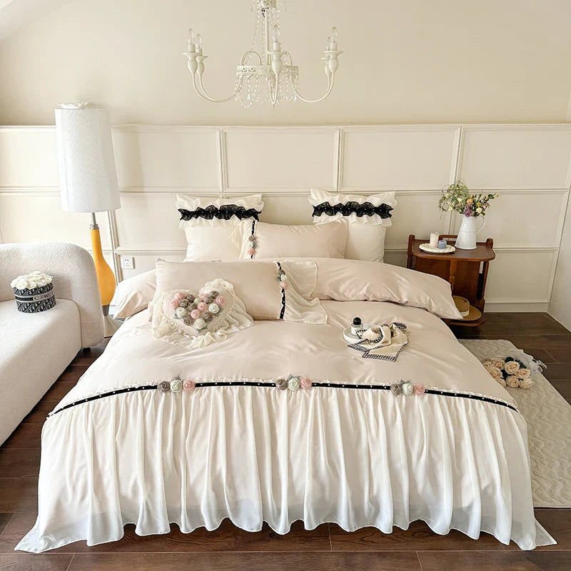 Afralia™ Rose Flowers Lace 1000TC Luxury Princess Wedding Bedding Set
