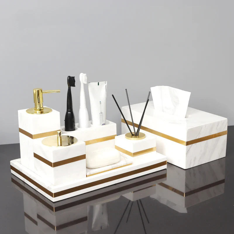 Afralia™ Volakos White Marble Bathroom Set with Golden Accents