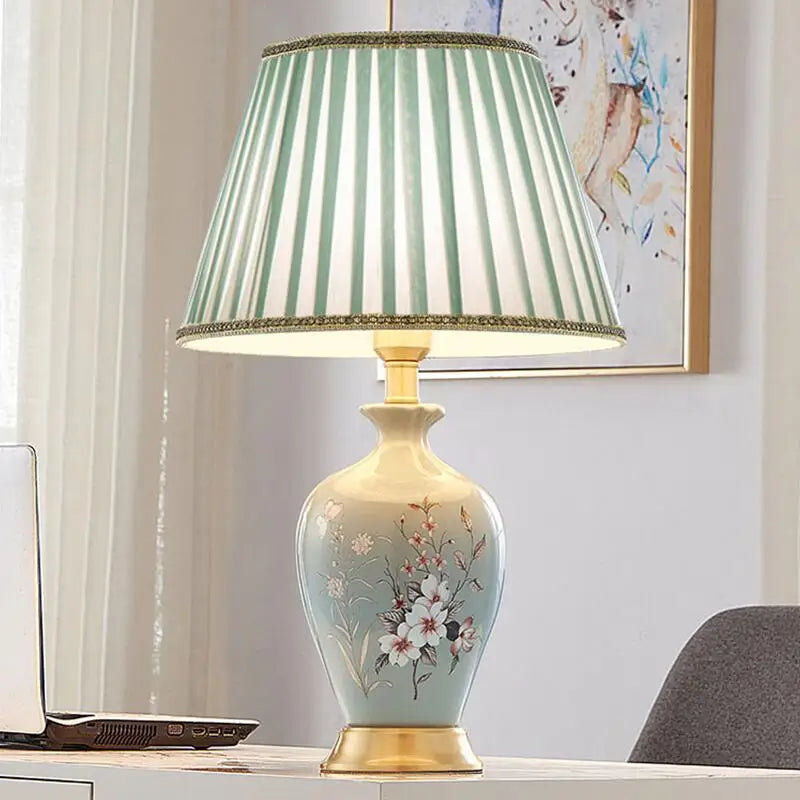 Afralia™ Ceramic Floral Remote Control Table Lamp - Bedroom Decor & Lighting