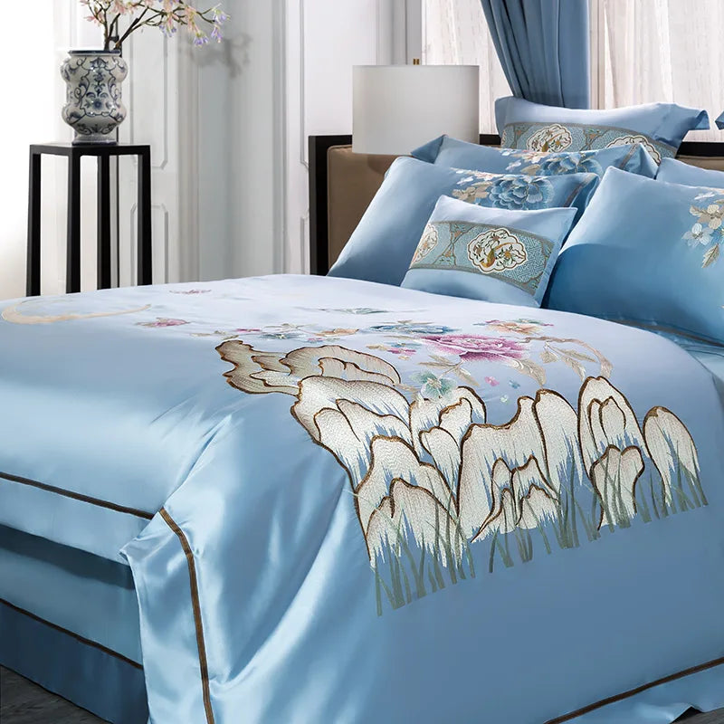 Afralia™ 200S Cotton Embroidery Bedding Set - Queen King Linens - Duvet Cover Sheets