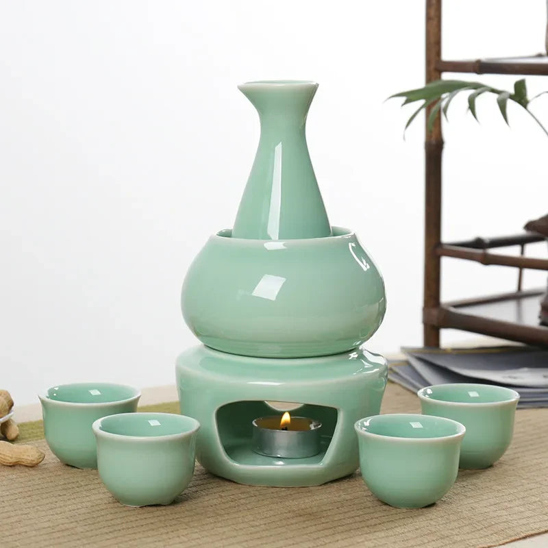 Afralia™ Sake Set: 7-Piece Ceramic Wine Kit with Carafe, Cups, Warmer, and Candle Warmer