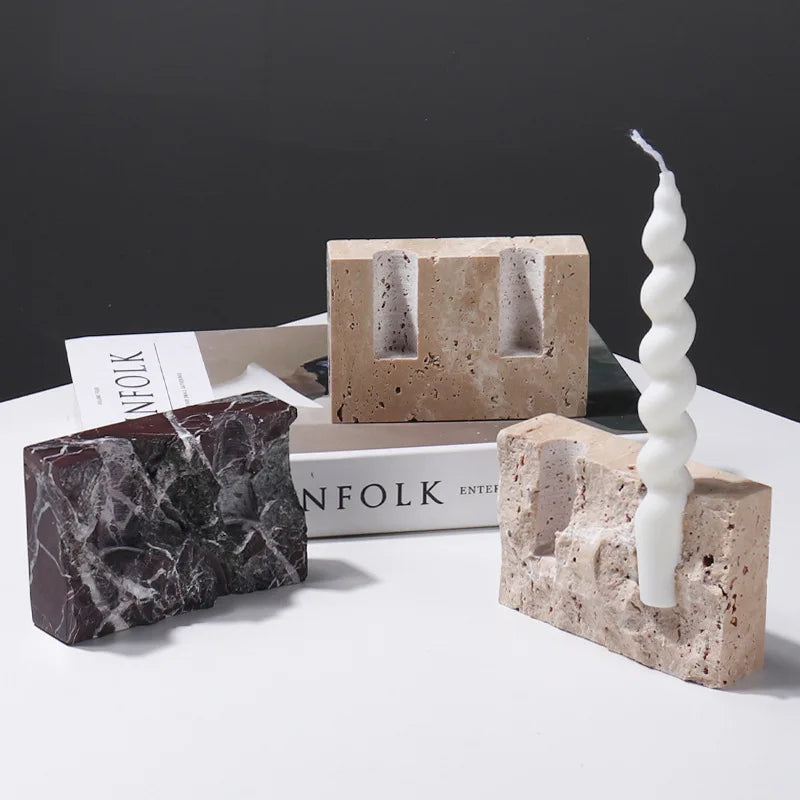Afralia™ Marble Stone Candle Holder Set - Vintage Travertine Candlesticks for Home Decor
