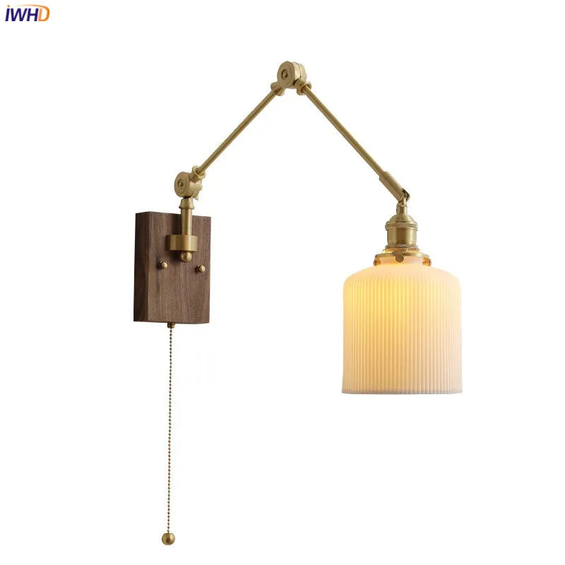 Afralia™ Copper Swing Arm LED Wall Sconce Pull Chain Switch Rotate Walnut Canopy