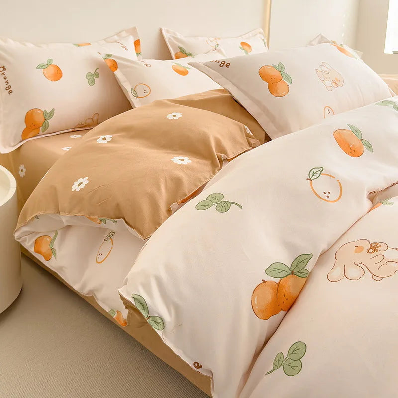 Afralia™ Cozy Flower Print Bedding Set: Brushed Cotton, Skin-Friendly, Soft, Thick, 4Pcs