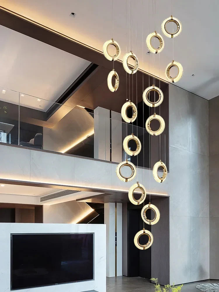 Afralia™ Luxury Crystal LED Chandelier Staircase Ceiling Lamp - Gold Modern Round Hanging Light