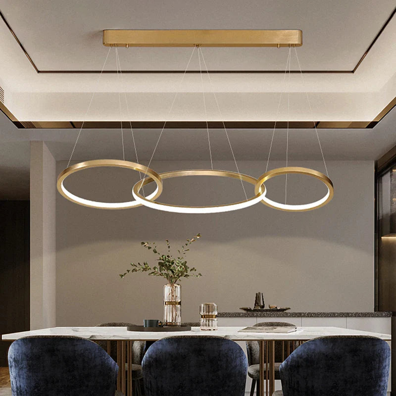 Afralia™ Modern Gold LED Circle Rings Chandelier Dimmable Dining Room Lustre