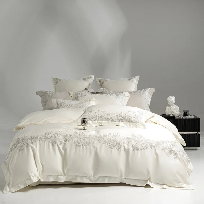 Afralia™ Luxury Embroidery Bedding Set: Pearl White 1000TC Egyptian Cotton Duvet Cover, Sheets, Pillowcases