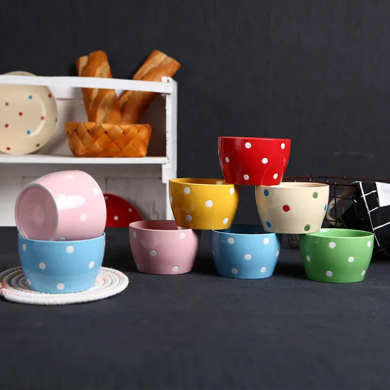 Afralia™ Polka Dots Ceramic Rice Soup Snack Bowl Set for Microwave Yogurt Cereal