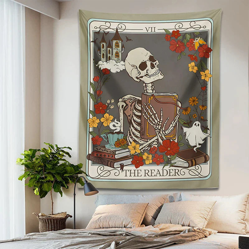 Afralia™ Reader Tarot Card Tapestry: Mystical Skeleton Wall Hanging for Home Decor