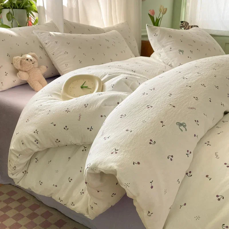 Afralia™ Small Floral Print Double-Layer Yarn Bedding Set - Super Soft Duvet Cover Kit