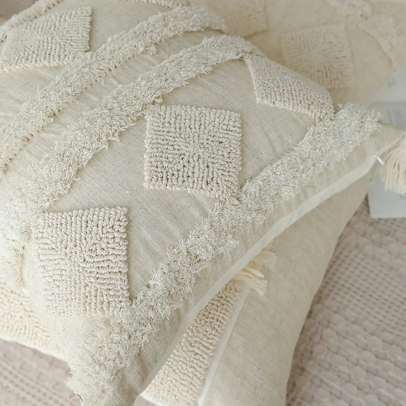 Afralia™ Boho Beige White Tufted Tassel Pillow Cover Set