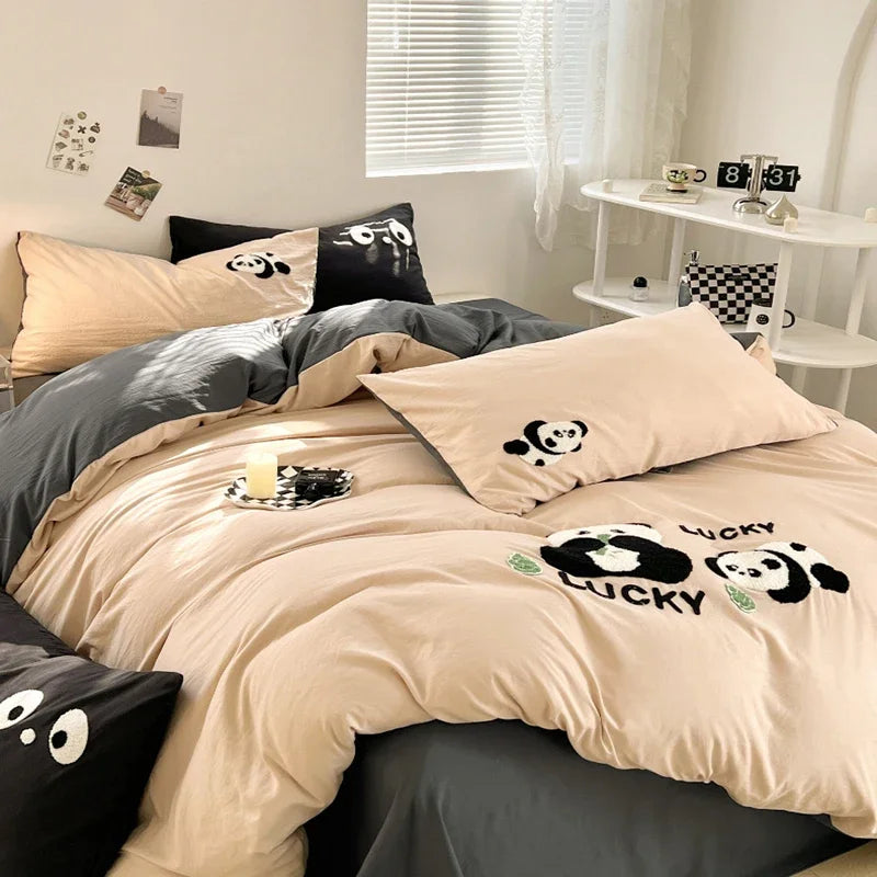 Afralia™ Panda Embroidery Washed Cotton Comforter Set with Fitted Sheet